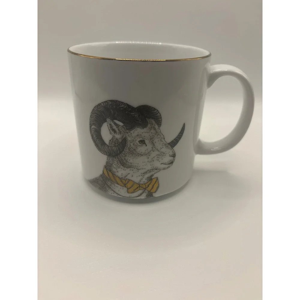 West Elm Dapper Animal Mug Ram with Bow Tie Gold Rim Coffee Cup Rachel Kozlowski